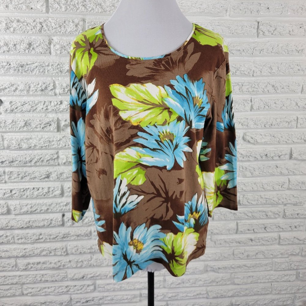 🌺 Chico's Brown Floral Blouse with Blue and Green Accents XL